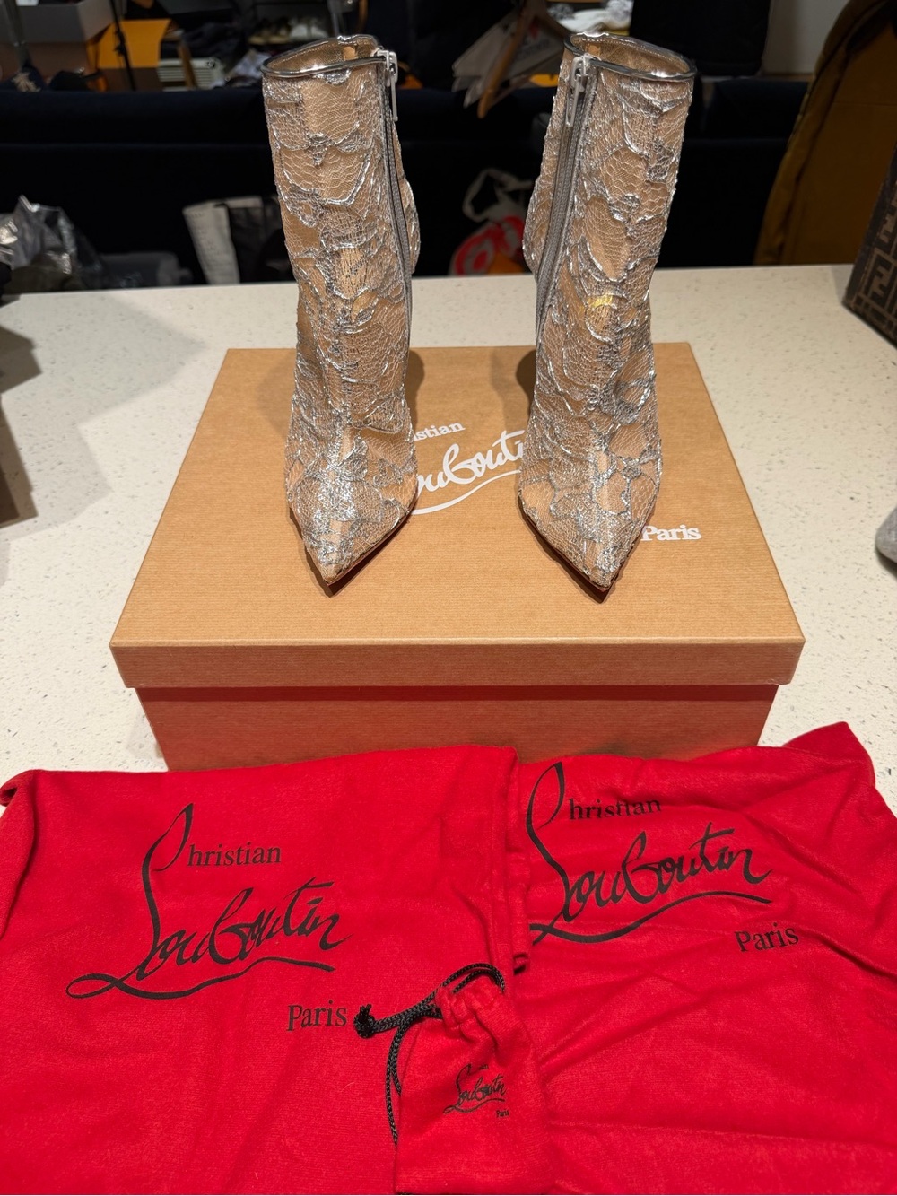 Christian Louboutin Silver Metallic Lace Ankle Boots